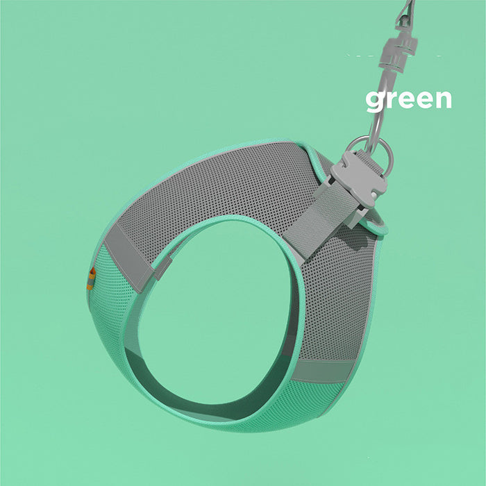 Green mesh pet harness with gray straps and metal clip for dogs or cats
