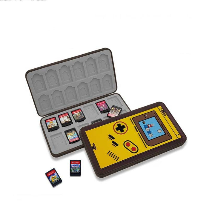 Retro Switch Game Holder with 24 slots: yellow, dark brown Nintendo Game Boy-style handheld game console theme, retro video g