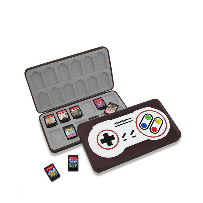 Retro Switch Game Holder with 24 slots: yellow, dark brown Nintendo Game Boy-style handheld game console theme, retro video g