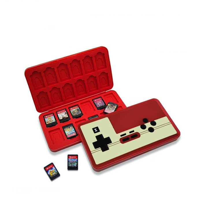 Retro Switch Game Holder with 24 slots: yellow, dark brown Nintendo Game Boy-style handheld game console theme, retro video g