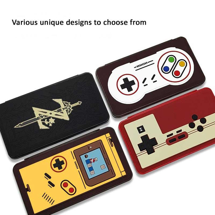 Retro Switch Game Holder with 24 slots: yellow, dark brown Nintendo Game Boy-style handheld game console theme, retro video g