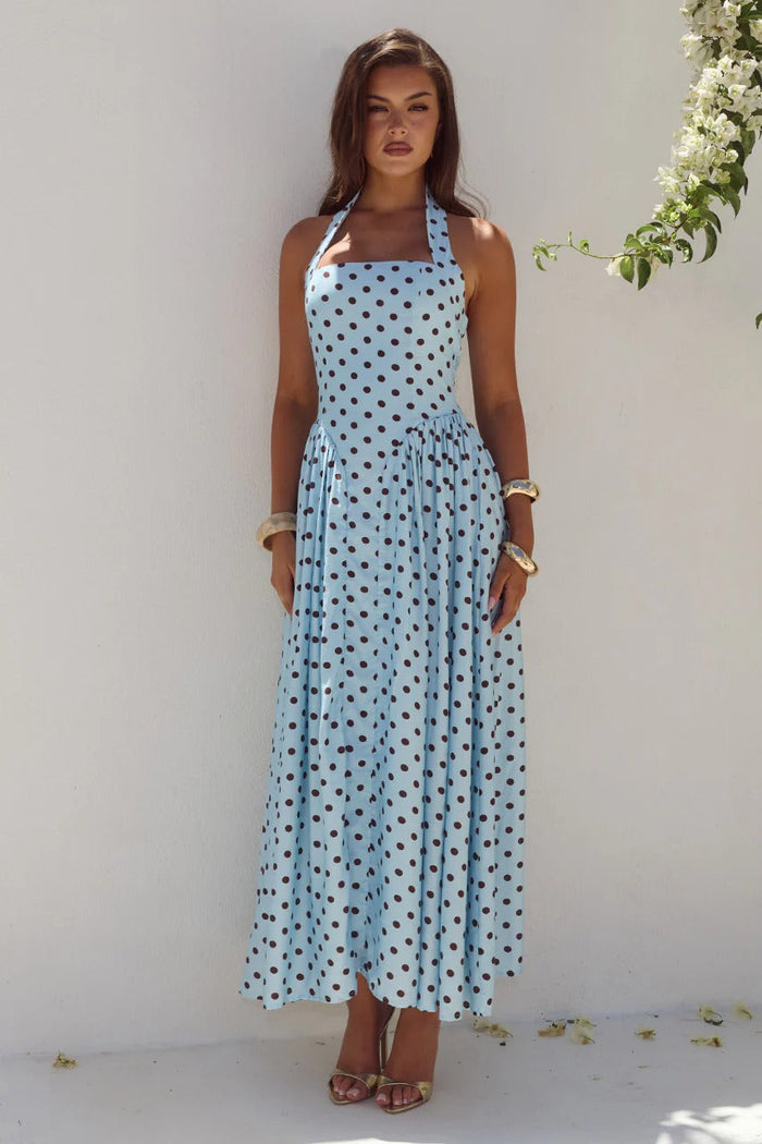 Sammi Midi Dress - Sky Blue/Choc Polka