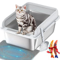 Cat in large litter box with scoop, mat, and fish toys — ideal pet care essentials for cats