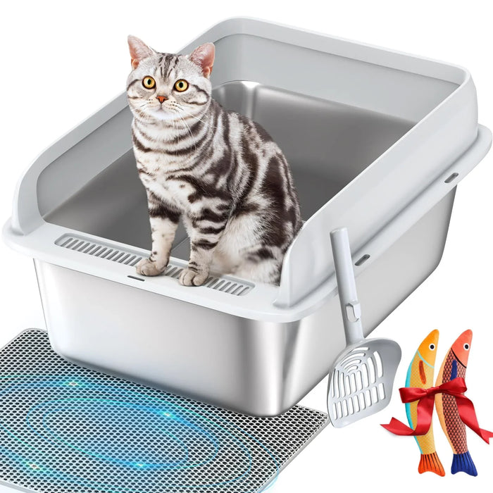 Cat in large litter box with scoop, mat, and fish toys — ideal pet care essentials for cats