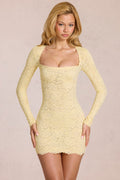 Scalloped-Lace Long-Sleeve Mini Dress in Lemon Yellow