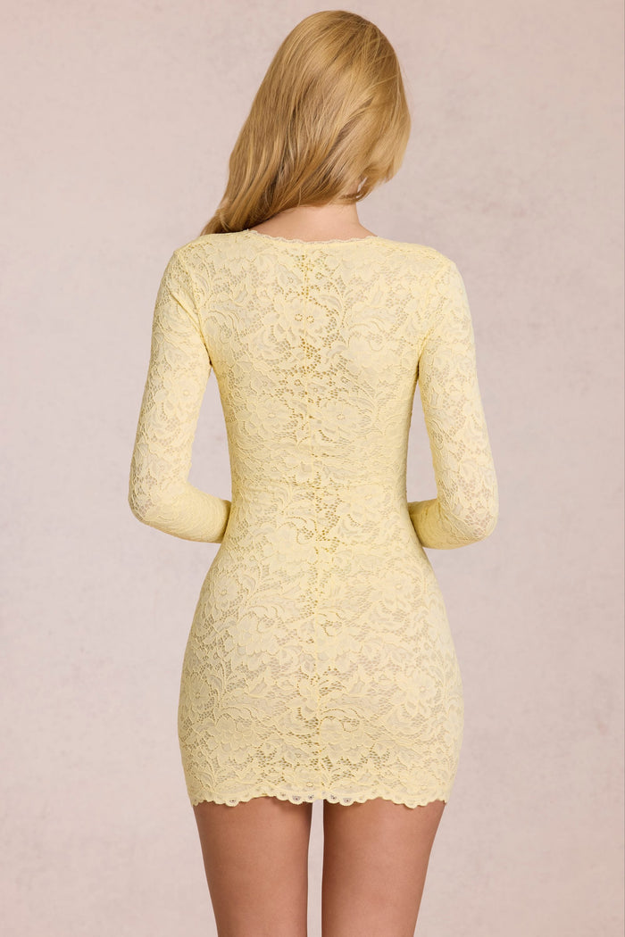 Scalloped-Lace Long-Sleeve Mini Dress in Lemon Yellow