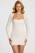 Scalloped-Lace Long-Sleeve Mini Dress in White