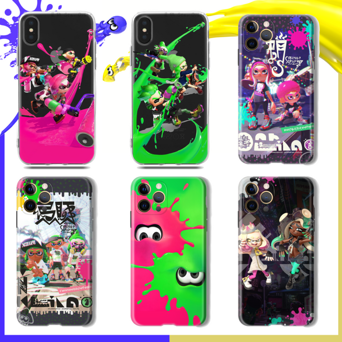 Shock-absorbent Splatoon phone case: black, pink Splatoon video game characters/theme, colorful cartoon gaming style