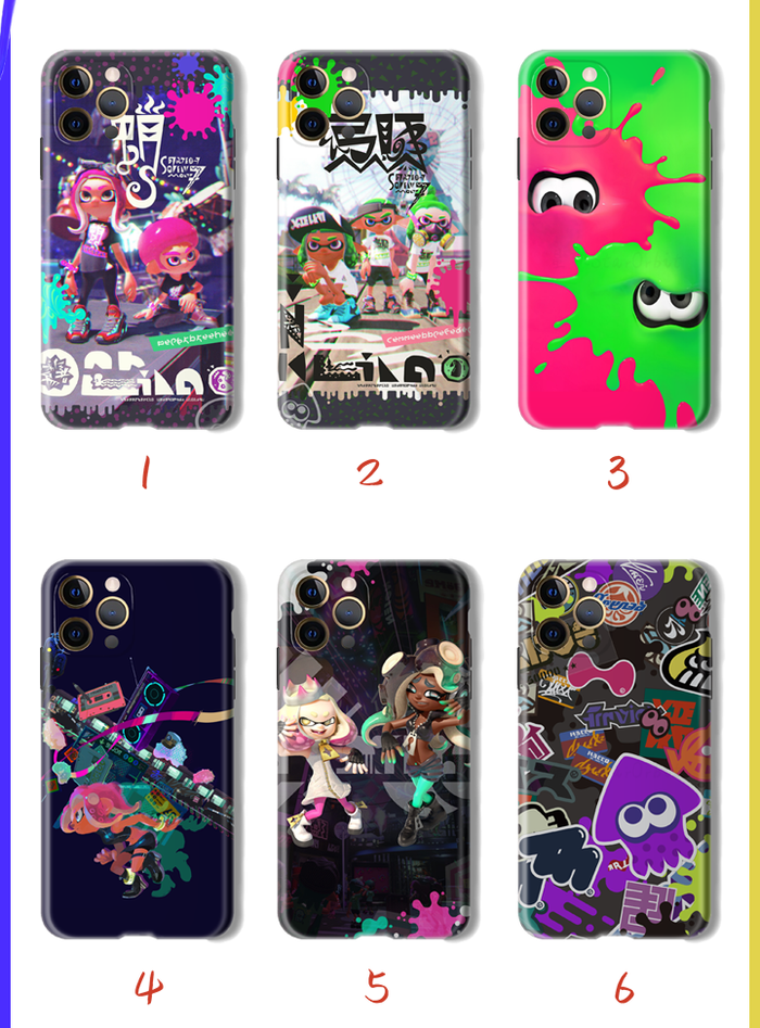 Shock-absorbent Splatoon phone case: black, pink Splatoon video game characters/theme, colorful cartoon gaming style