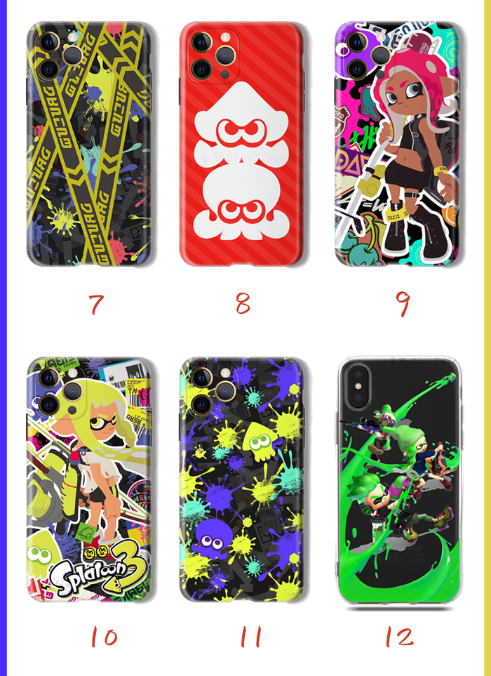 Shock-absorbent Splatoon phone case: black, pink Splatoon video game characters/theme, colorful cartoon gaming style