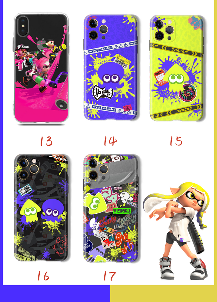 Shock-absorbent Splatoon phone case: black, pink Splatoon video game characters/theme, colorful cartoon gaming style
