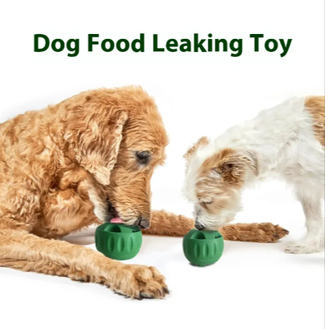 Two dogs playing with green food leaking puzzle toys for mental stimulation and slow feeding