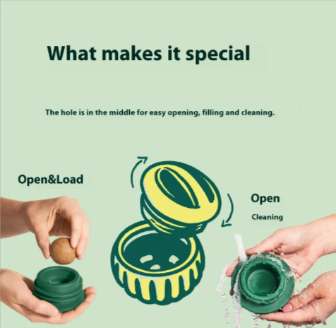 Green pet treat dispenser with center hole for easy filling, opening, and cleaning—ideal for dog or cat snacks.
