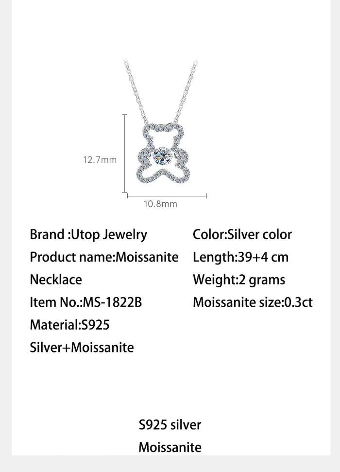 Silver Bear Moissanite Pendant Necklace