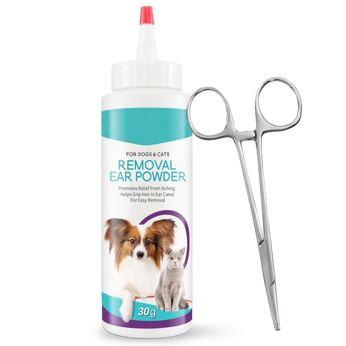 Pet ear powder for dogs & cats with removal tool, 30g bottle for ear hair grooming and itch relief