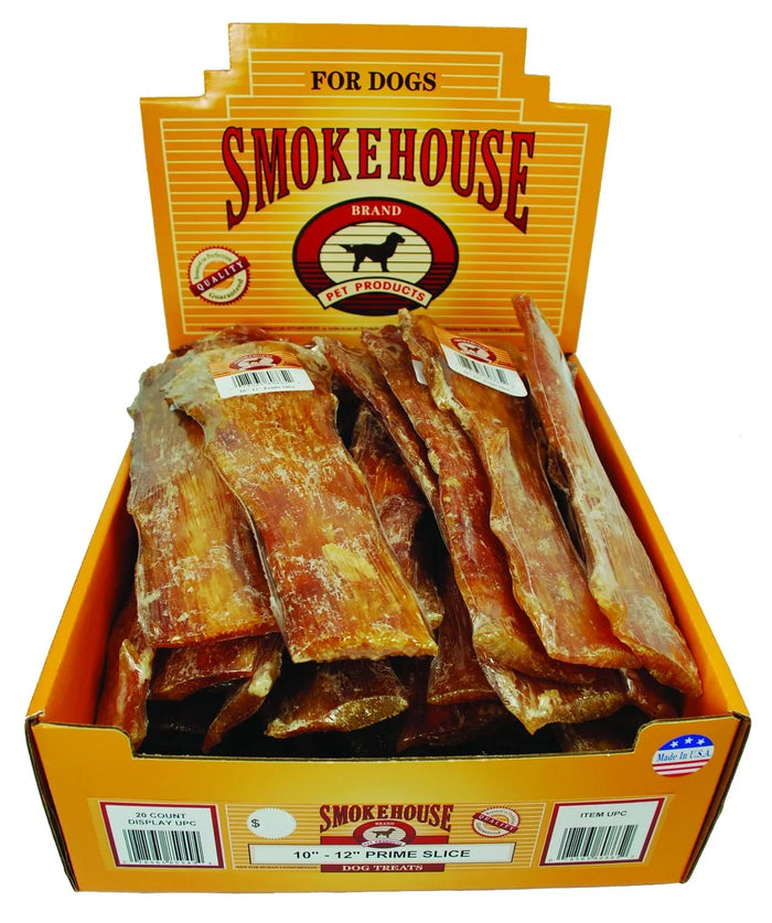 Smokehouse Brand 10-12 inch prime slice dog treats in bulk display box, USA-made chew snacks for dogs