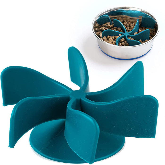 Teal slow feeder bowl insert for dogs and cats, promotes healthy eating with kibble in stainless steel bowl