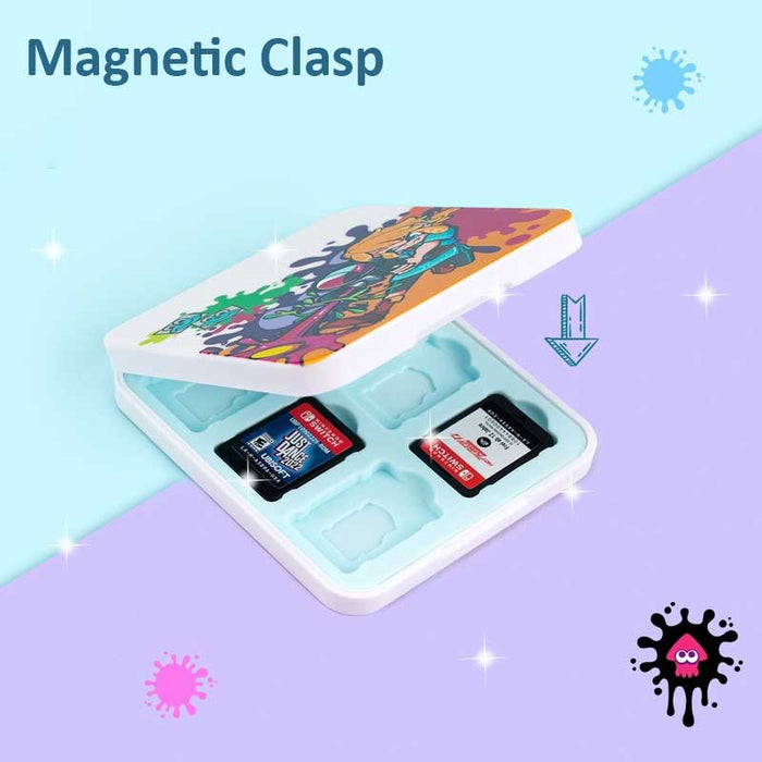 Splatoon x Zelda Game Case with 12 Slots: white, light blue cartoon character artwork, cartoon, colorful style