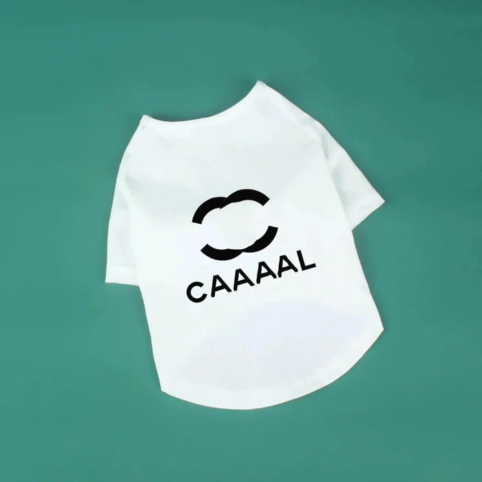 White pet T-shirt with 'CAAAAL' text and logo, ideal for dog or cat fashion