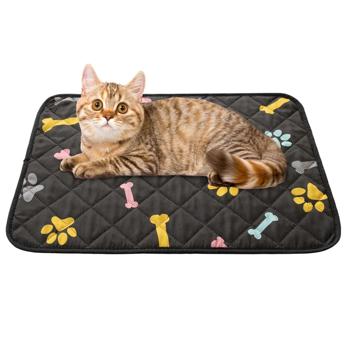 Cute tabby cat resting on a quilted pet mat with colorful paw prints and bones design