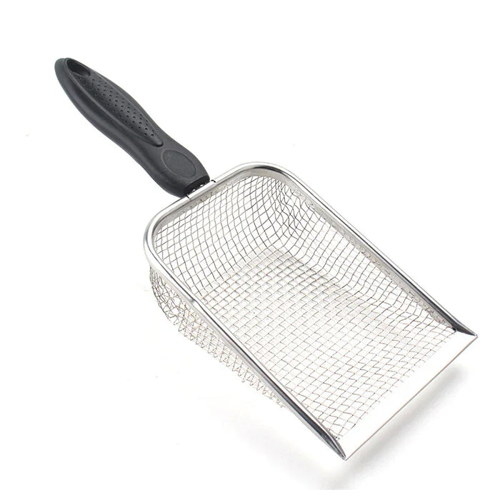 Stainless steel mesh scoop with black handle for pet litter box cleaning