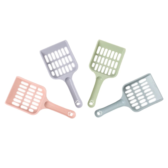 Pastel cat litter scoops in pink, purple, green, and blue for easy pet cleanup