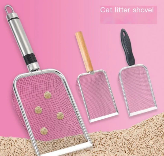 Cat litter shovel with mesh scoop, wooden and black handles, for easy litter box cleaning