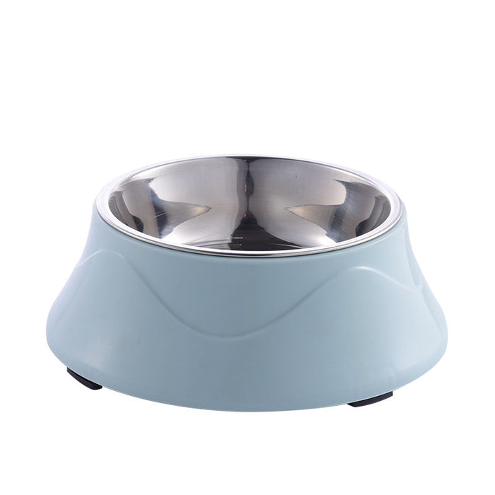 Light blue pet bowl with stainless steel interior, non-slip base for dogs and cats