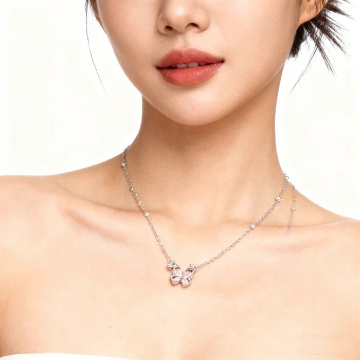 Strawberry Crystal Butterfly Pendant Necklace