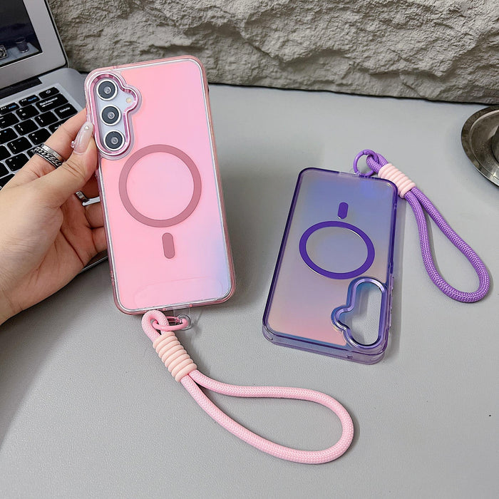 Stylish Gradient Laser Back Cover Magnetic Stand Wrist Strap for Samsung
