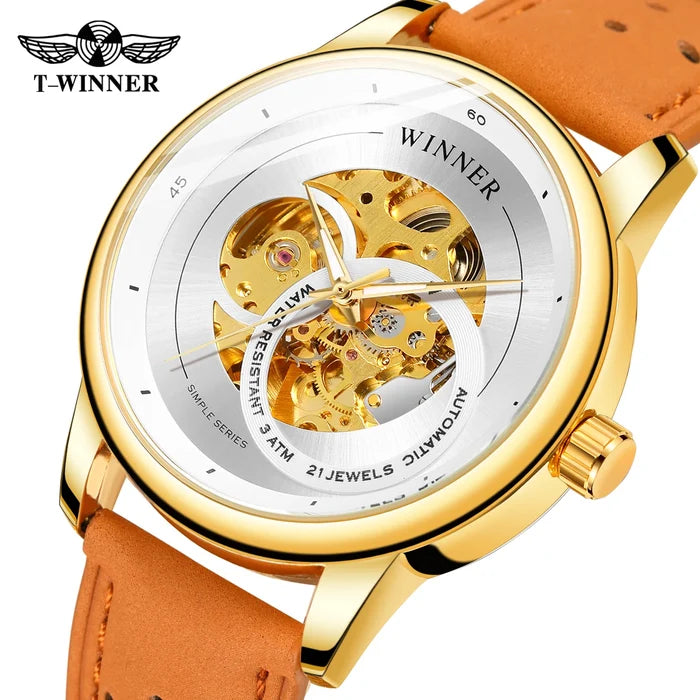 T-WINNER Gold Skeleton Men's Automatic Sport Watch