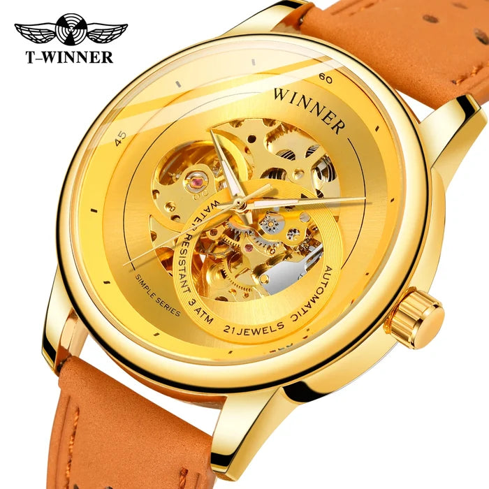 T-WINNER Gold Skeleton Men's Automatic Sport Watch