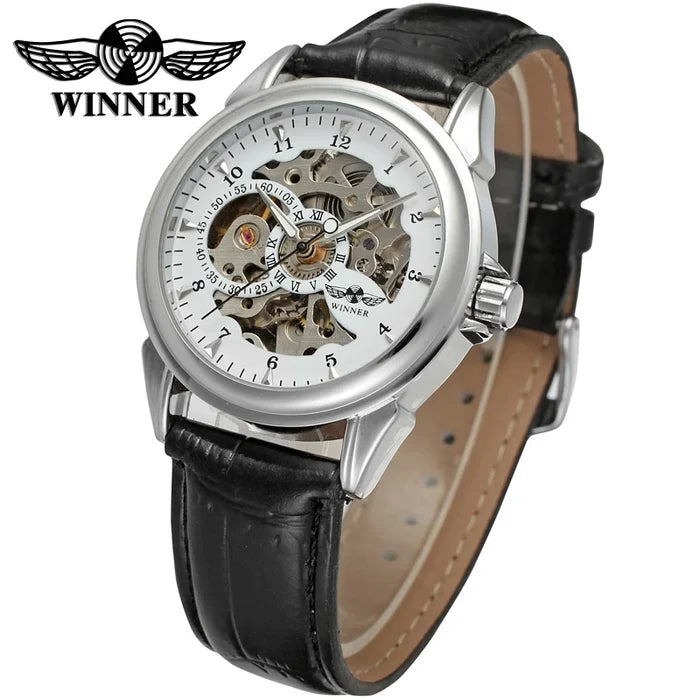 T-winner Leather Strap Skeleton Auto Mechanical Watch