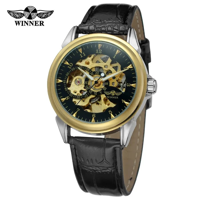 T-winner Leather Strap Skeleton Auto Mechanical Watch