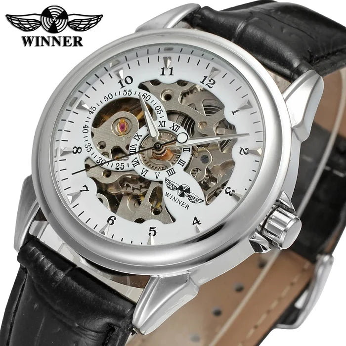 T-winner Leather Strap Skeleton Auto Mechanical Watch