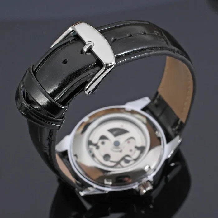 T-winner Leather Strap Skeleton Auto Mechanical Watch
