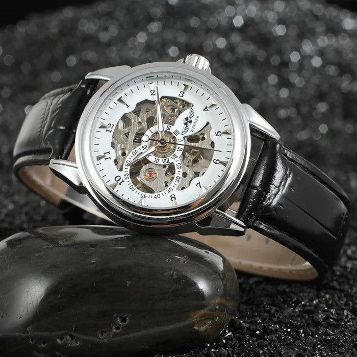 T-winner Leather Strap Skeleton Auto Mechanical Watch