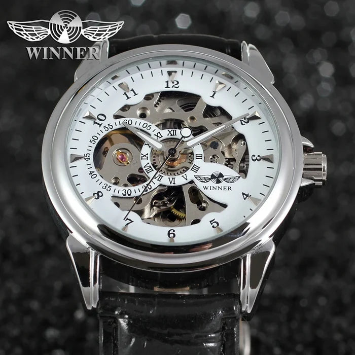 T-winner Leather Strap Skeleton Auto Mechanical Watch