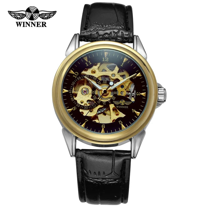 T-winner Leather Strap Skeleton Auto Mechanical Watch