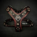 Black leather dog harness with red stitching, metal studs, and decorative emblem, Size S