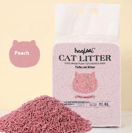 Peach-scented tofu cat litter, 6L bag with plant-based pellets for odor control and easy cleanup