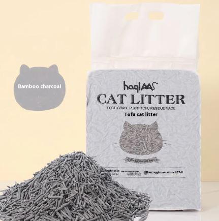 Bamboo charcoal tofu cat litter, eco-friendly pet care product for cats, gray pellet texture shown