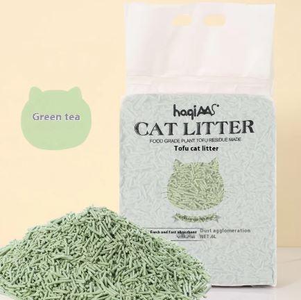 Green tea scented tofu cat litter, dust-free and plant-based, ideal for pet care essentials