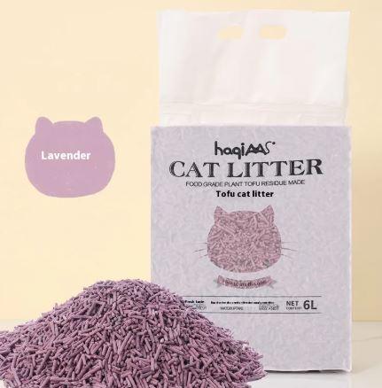 Lavender-scented tofu cat litter, 6L bag with plant-based pellets for odor control and easy cleanup