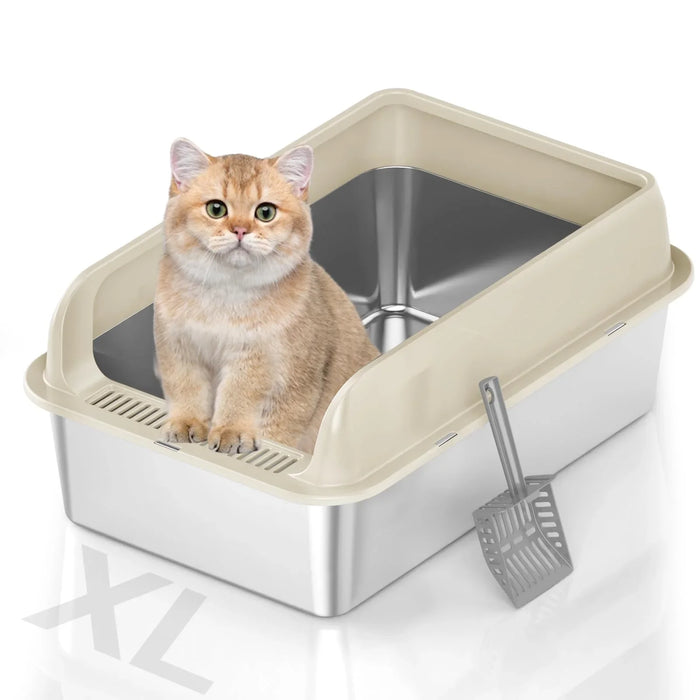 Cute cat sitting in modern stainless steel litter box with scoop, ideal for pet care essentials.