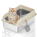 Cat sitting in stainless steel litter box with scoop, ideal for pet care and hygiene