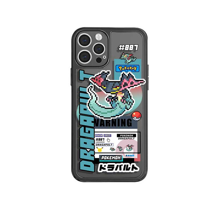 Translucent Gray Dragapult iPhone Case: black, dark gray Pokémon-themed dragon character, pixel art, cartoon, gaming style