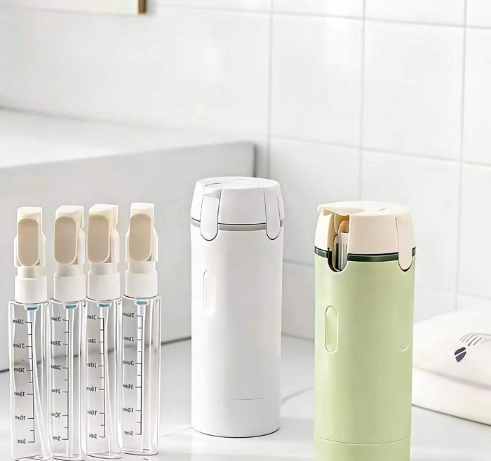TravelMate 4-in-1 Refillable Bottle Set – Portable Cosmetic & Shampoo Dispenser Organizer