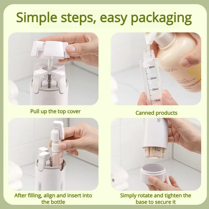 TravelMate 4-in-1 Refillable Bottle Set – Portable Cosmetic & Shampoo Dispenser Organizer