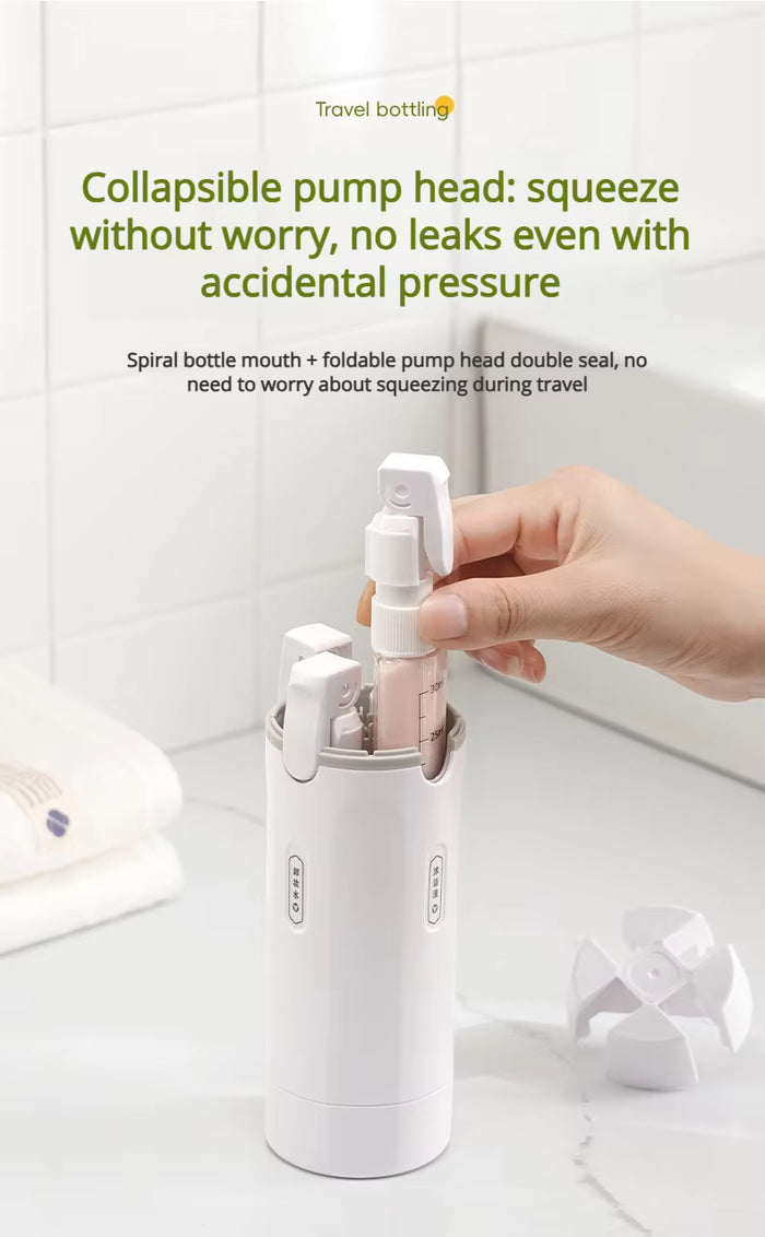 TravelMate 4-in-1 Refillable Bottle Set – Portable Cosmetic & Shampoo Dispenser Organizer